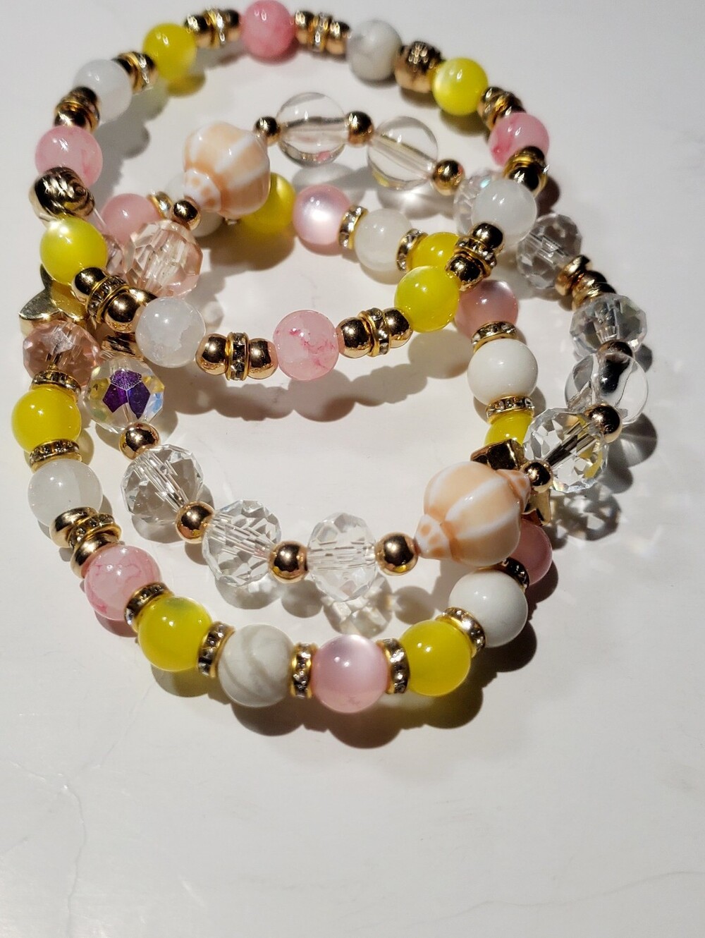 Handmade Yellow Pink White Beaded Stretch Bracelet Set